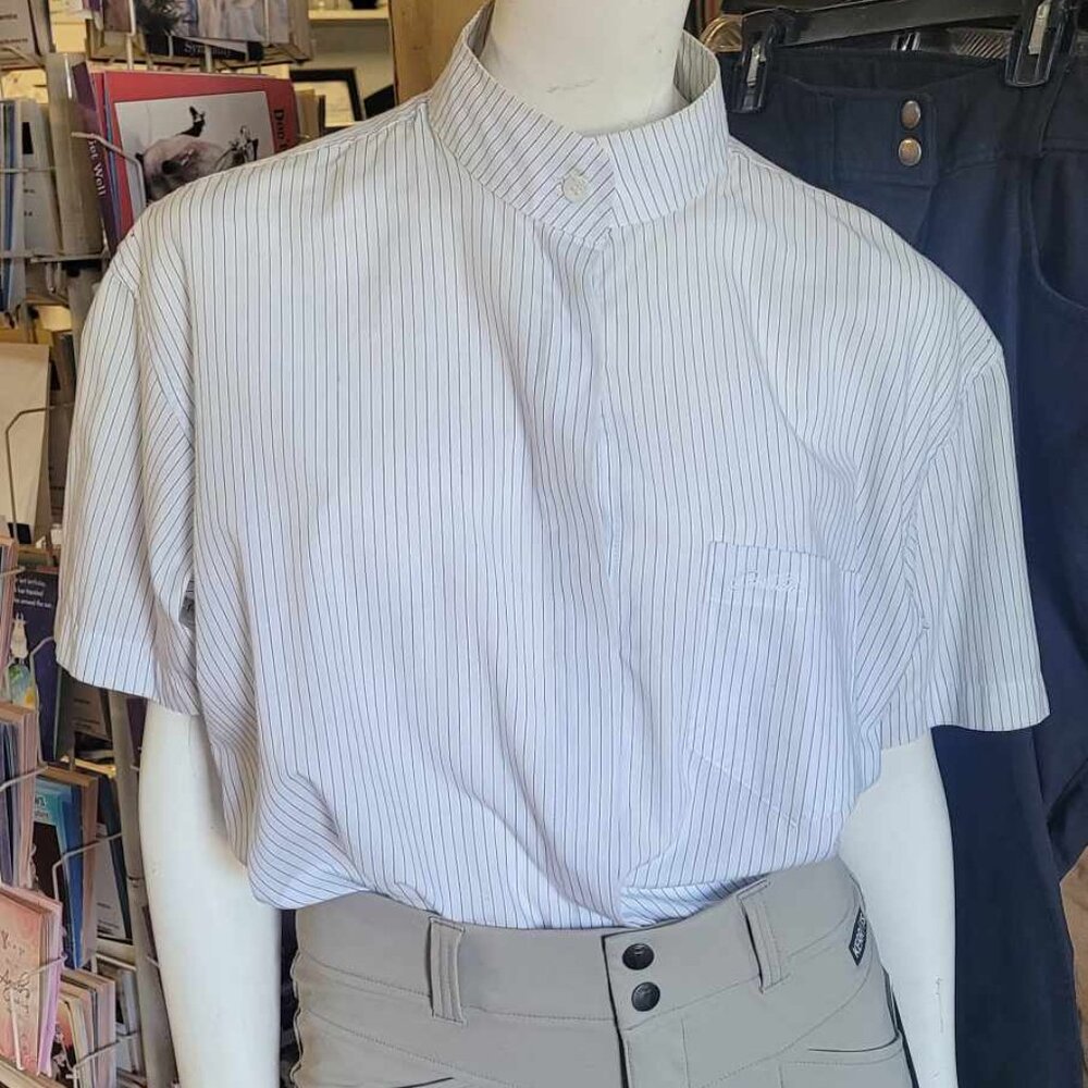 Ladies sz 12 Short sleeve Cambrai white Show Shirt with navy & baby blue stripe